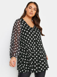 YoDOT PRINT MESH SLEEVE PLEATED TOP