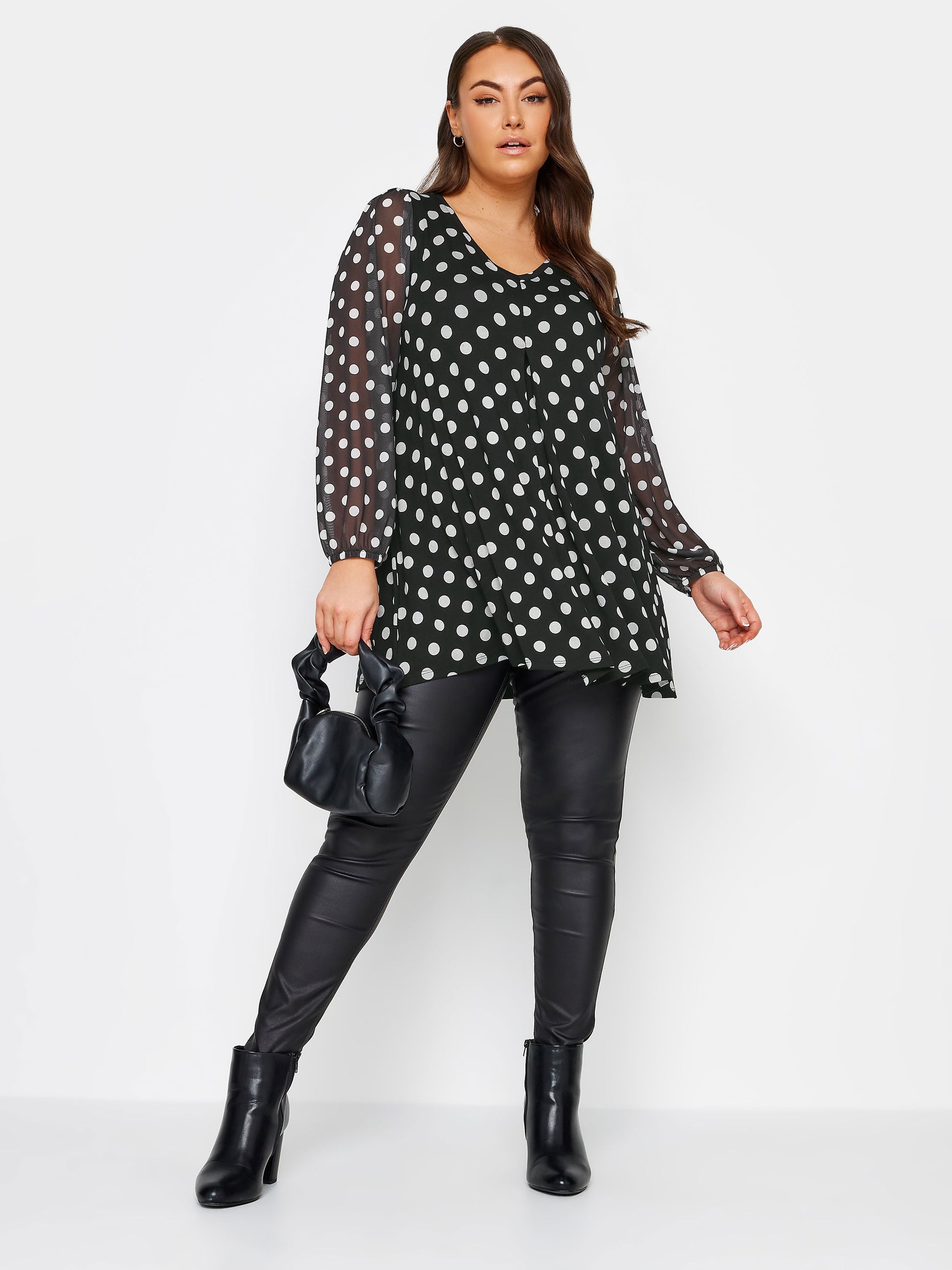 YoDOT PRINT MESH SLEEVE PLEATED TOP