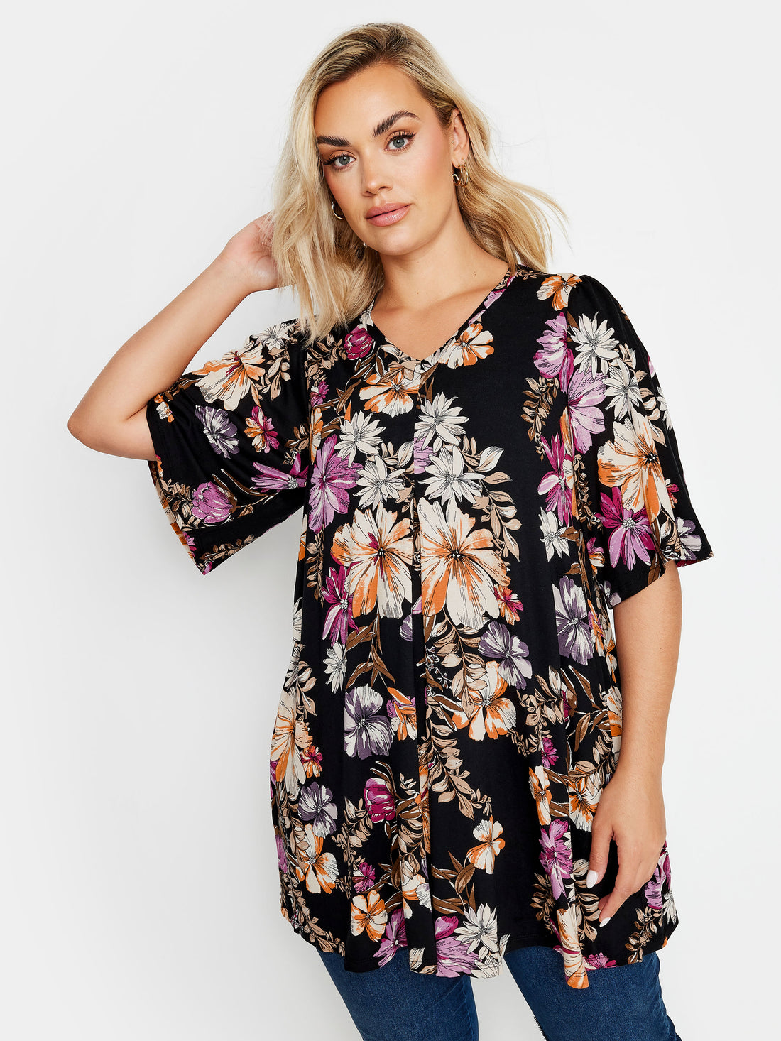 YoFloral Print Pleated Swing Top