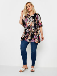 YoFloral Print Pleated Swing Top