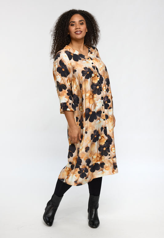 StJette - Hvid/Brun Kjole med Sorte Blomster