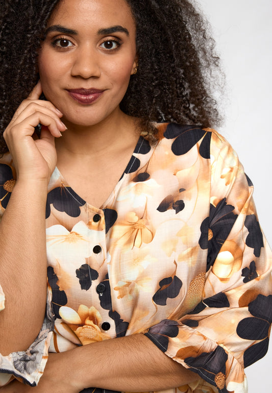 StJette - Hvid/Brun Kjole med Sorte Blomster